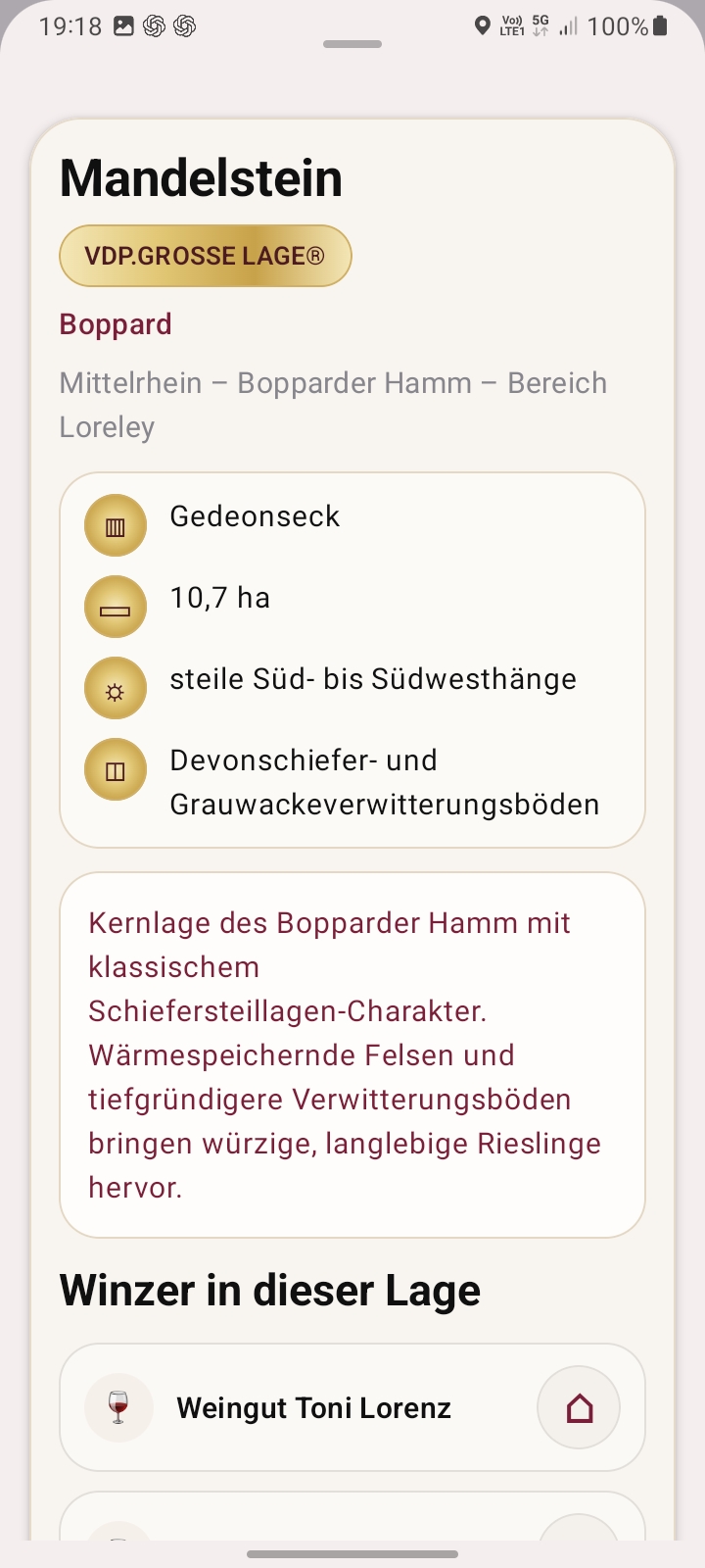 RebenRadar Android-Detailansicht einer Weinlage