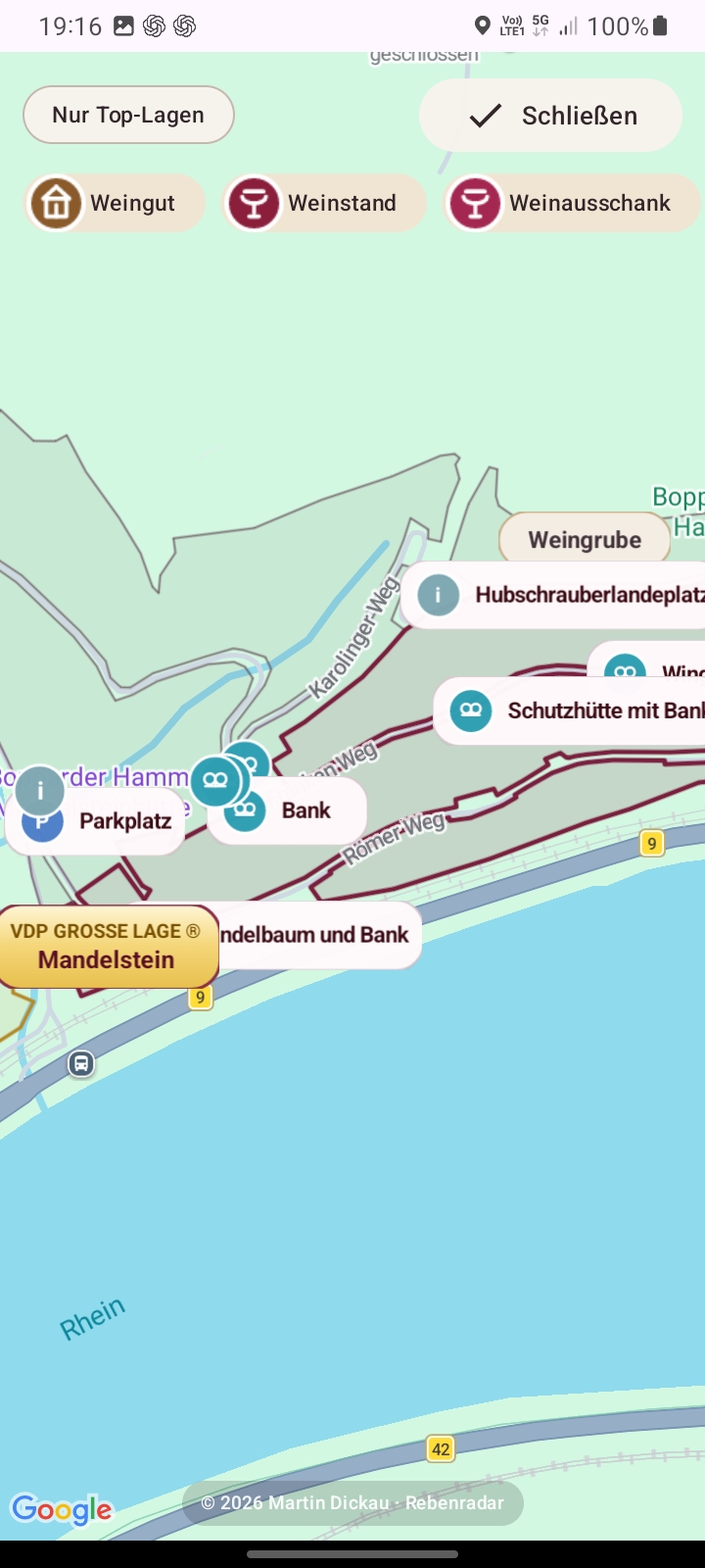 RebenRadar Android-Karte mit POIs und Navigation
