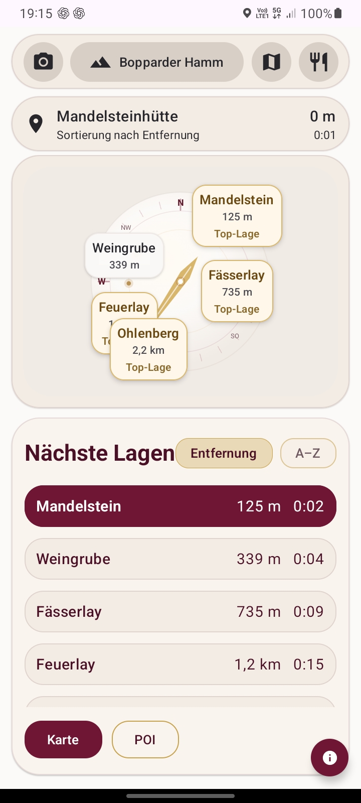RebenRadar Android-Startseite mit Liste der nächsten Weinlagen