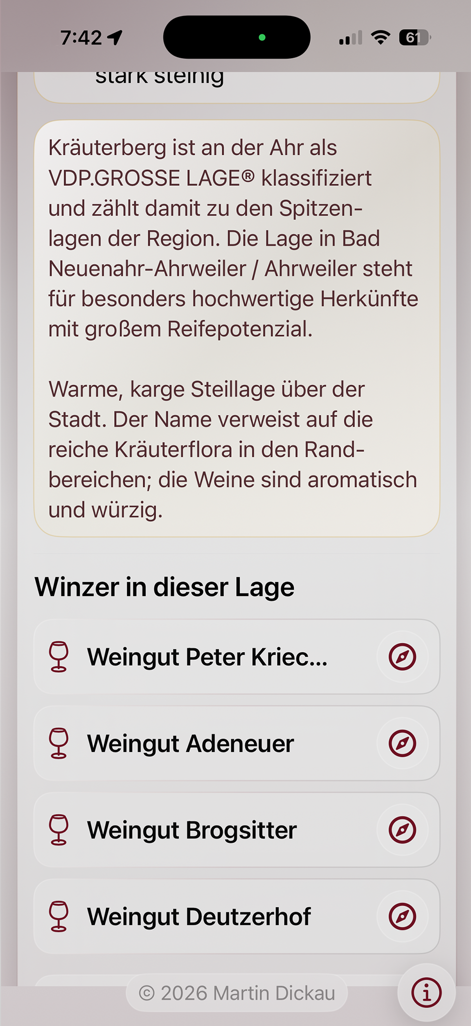 RebenRadar Detailansicht mit Lageinfos und Winzern