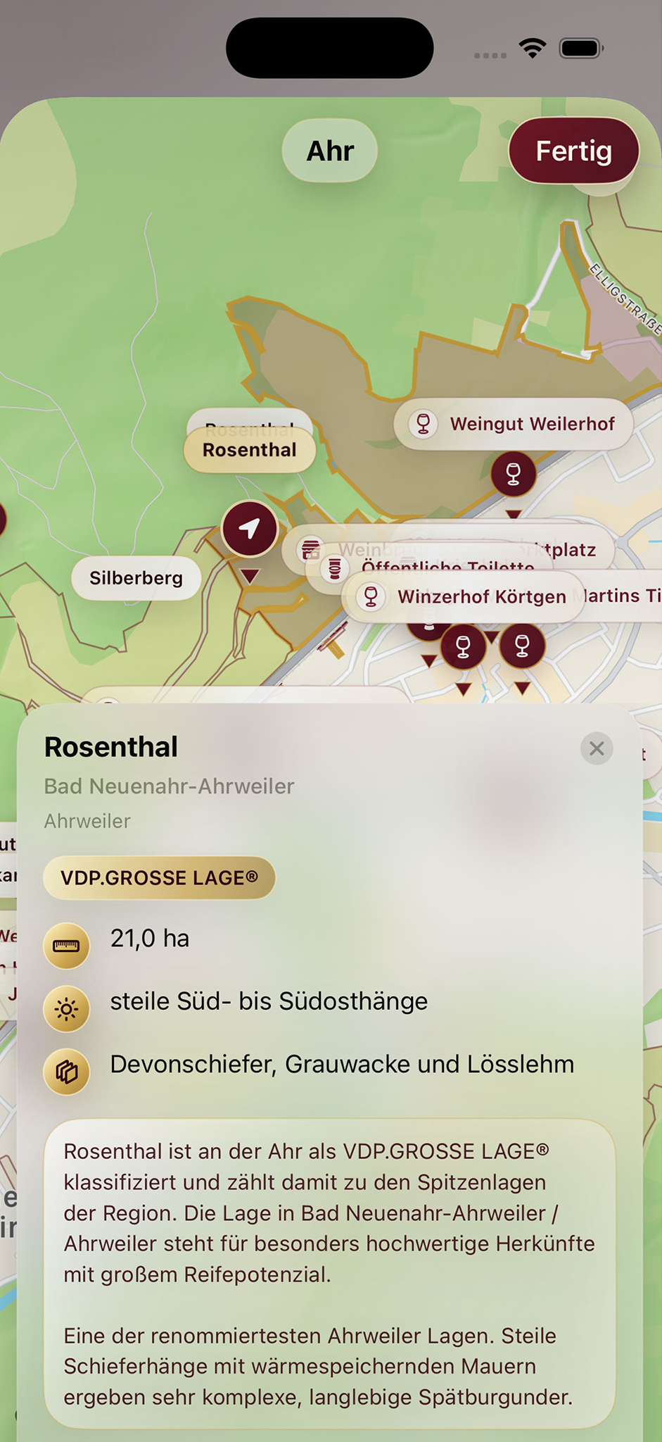 RebenRadar Kartenansicht mit Lagegrenzen