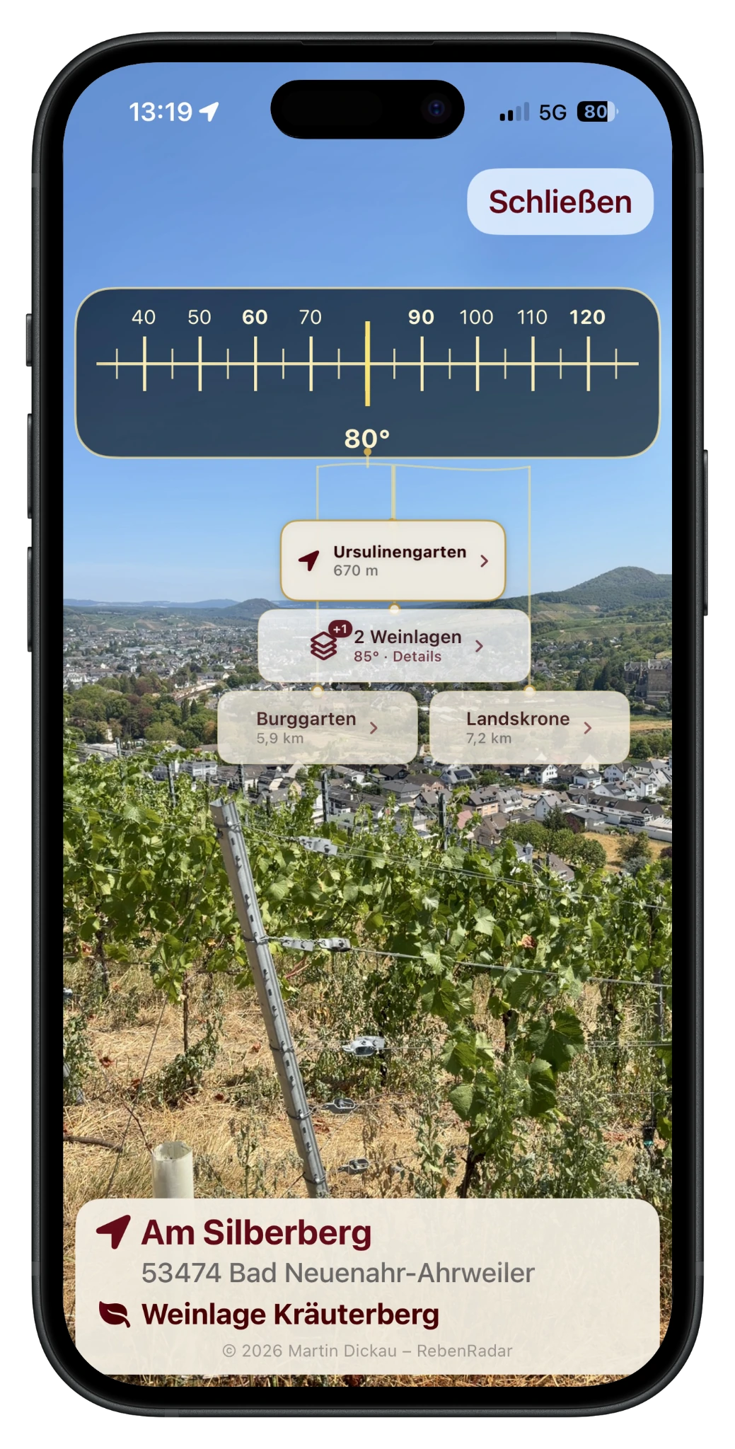 Neuer RebenRadar AR-Kompass mit Weinlagen Ursulinengarten, Burggarten und Landskrone