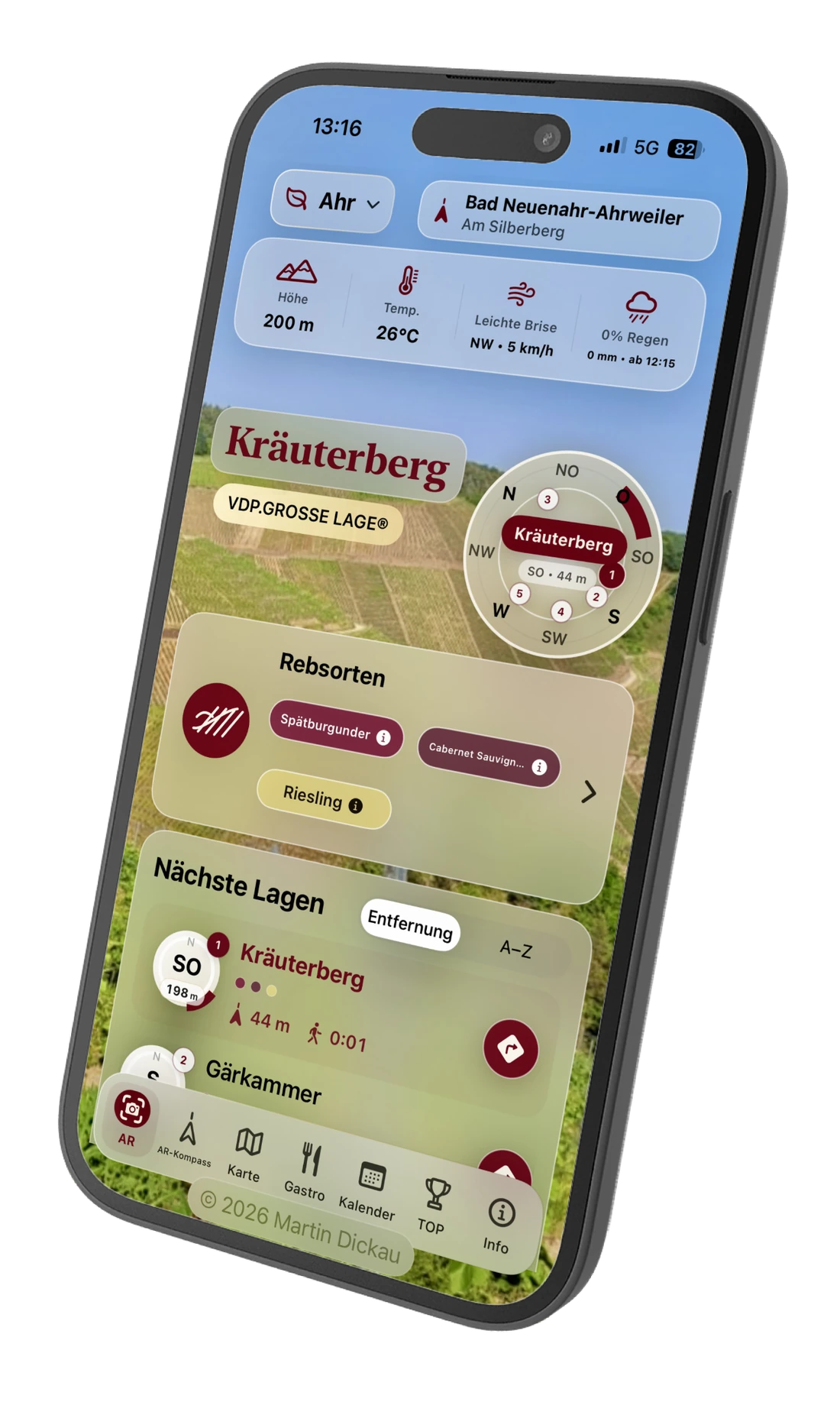 RebenRadar 3 Hauptansicht mit Weinlage Kräuterberg, Rebsorten und nächsten Weinlagen