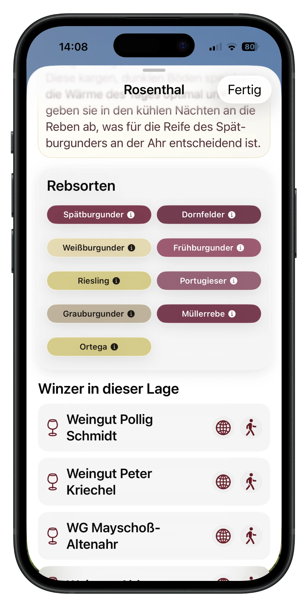 RebenRadar Lageninfo Rosenthal mit Rebsorten und Winzern