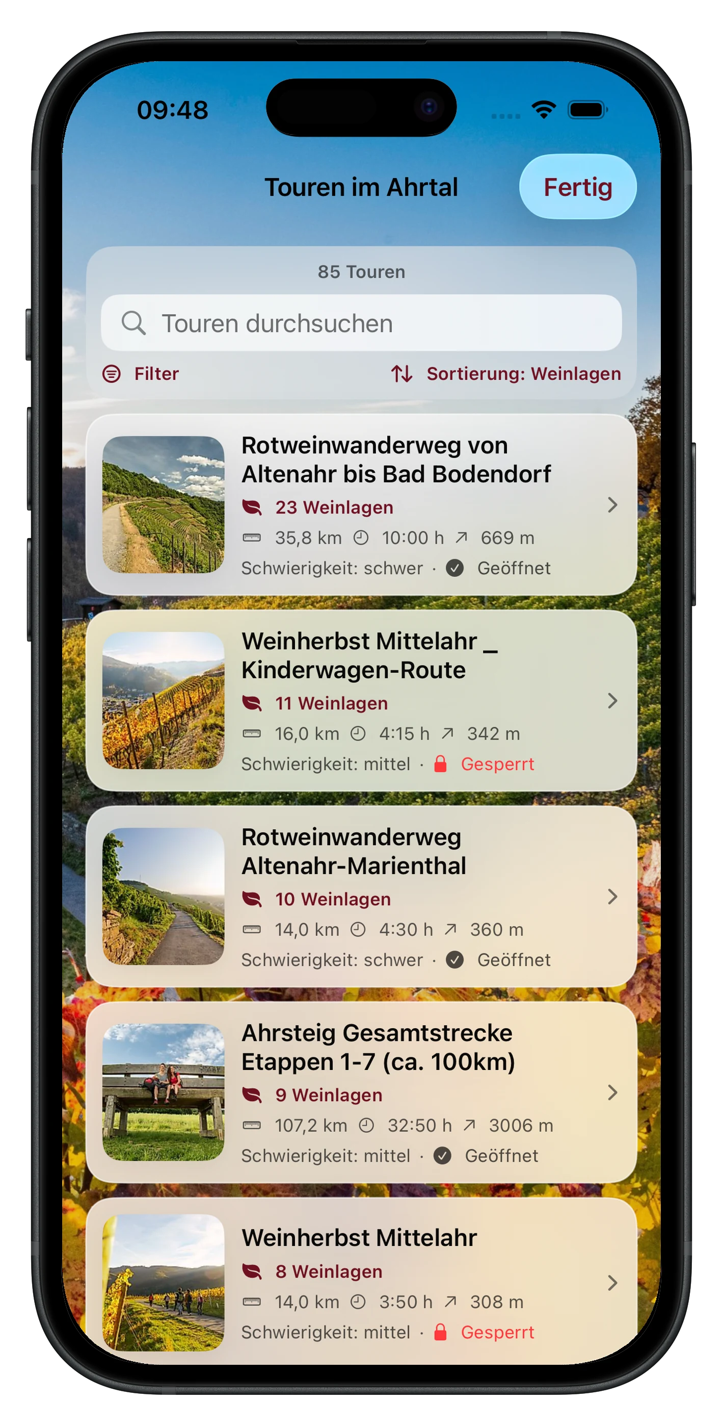 Tourenliste in RebenRadar mit Weinlagenanzahl, Distanz, Dauer, Höhenmetern und Schwierigkeit